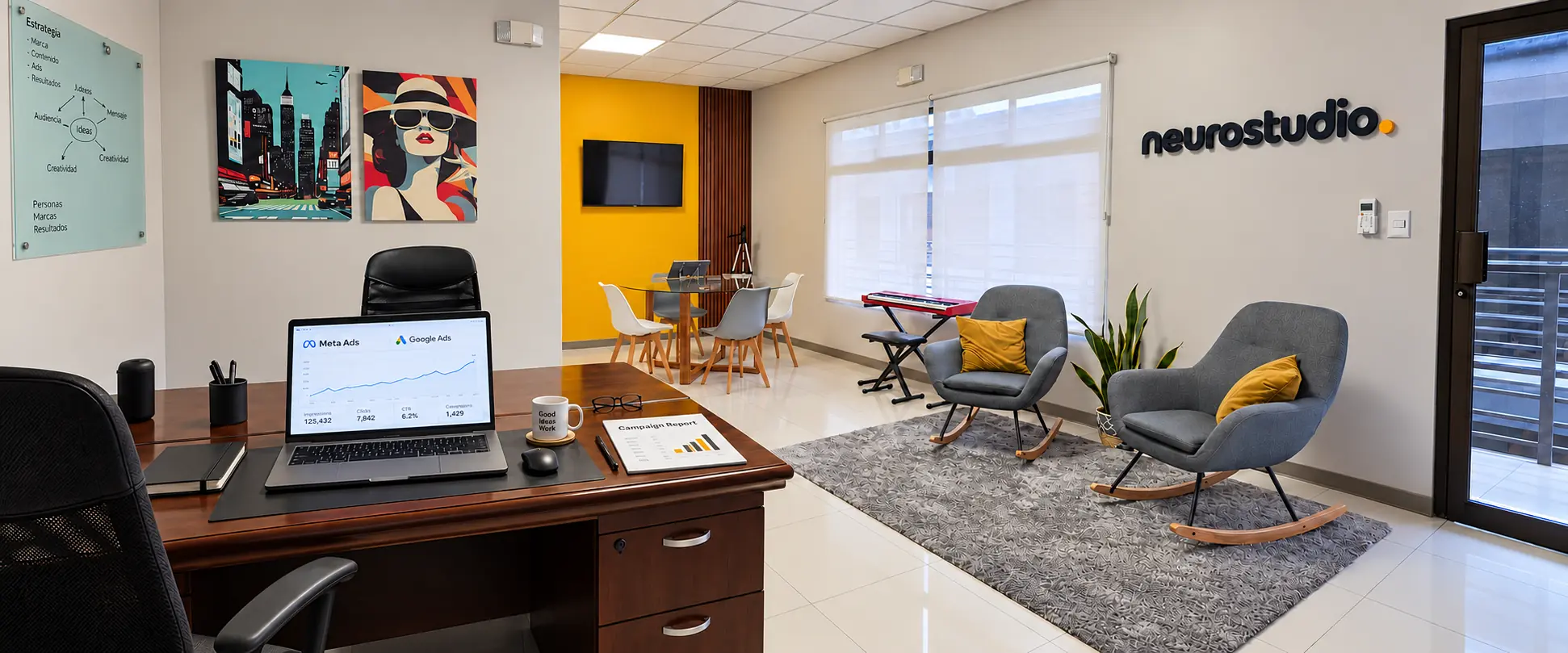 Oficina de Neurostudio: escritorio de madera con laptop y reporte de campañas, área de reuniones y espacio de atención con el logo en la pared.