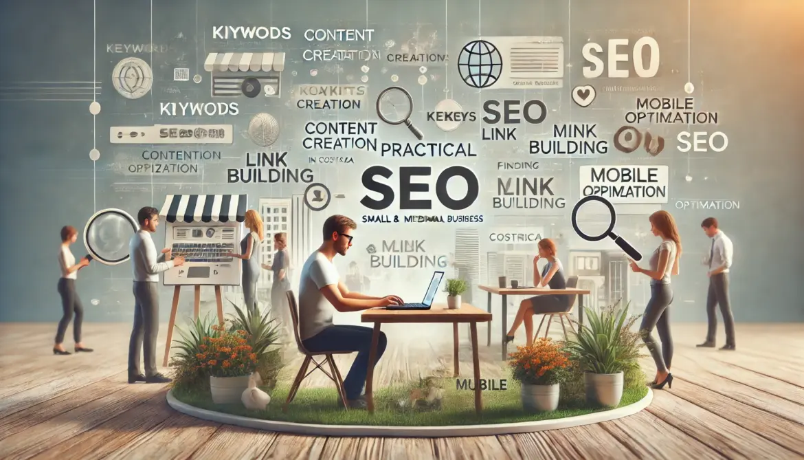 Ilustración de consejos prácticos de SEO para pequeñas y medianas empresas en Costa Rica, incluyendo optimización de palabras clave, construcción de enlaces, optimización móvil y creación de contenido.