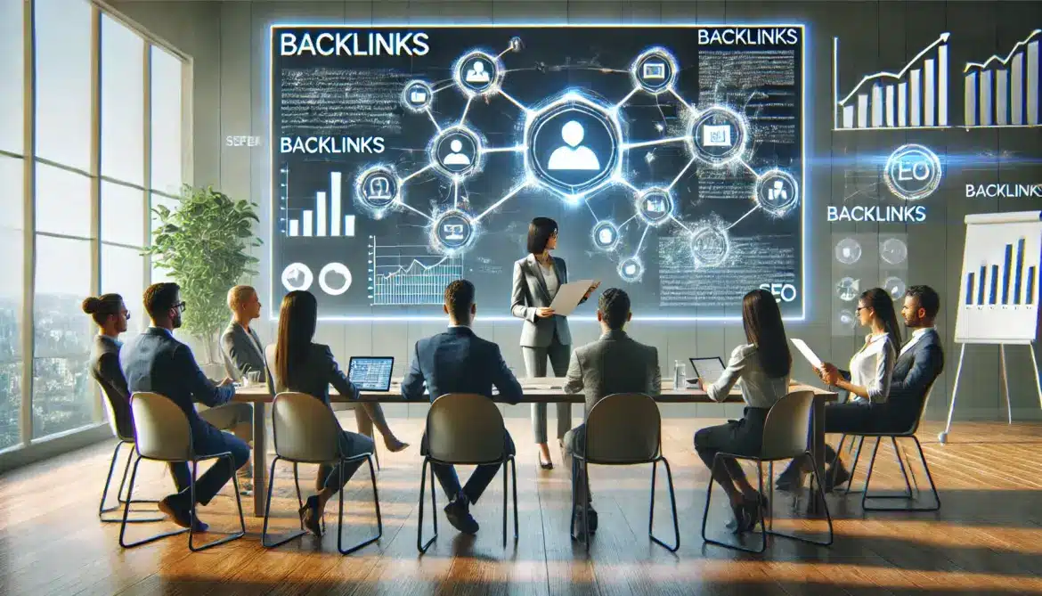 Un equipo de profesionales en una reunión, discutiendo la importancia de los backlinks en una estrategia SEO, con gráficos y diagramas en pantalla.
