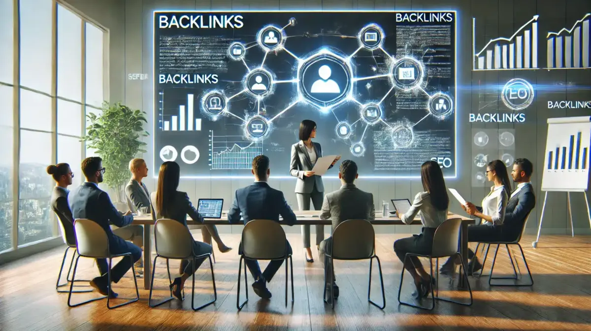 Un equipo de profesionales en una reunión, discutiendo la importancia de los backlinks en una estrategia SEO, con gráficos y diagramas en pantalla.