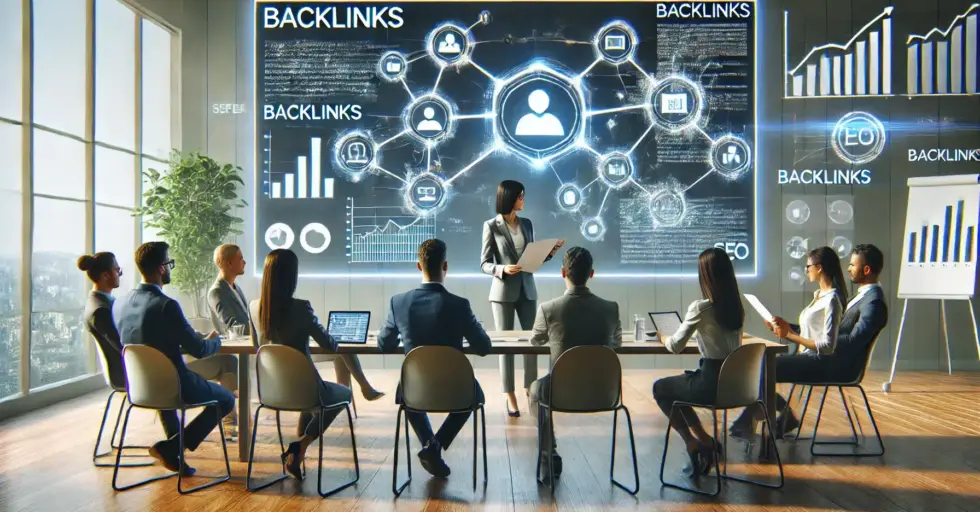 Un equipo de profesionales en una reunión, discutiendo la importancia de los backlinks en una estrategia SEO, con gráficos y diagramas en pantalla.