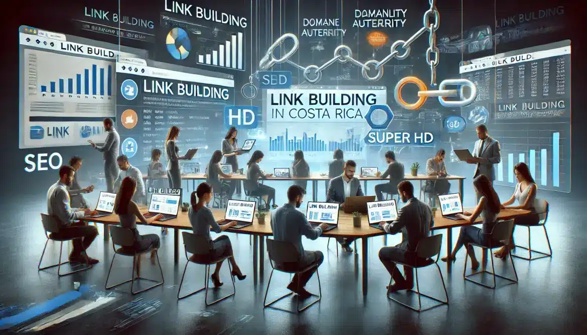Equipo de marketing digital trabajando en estrategias de construcción de enlaces en Costa Rica, mostrando gráficos de rendimiento y tácticas de SEO en un entorno colaborativo.