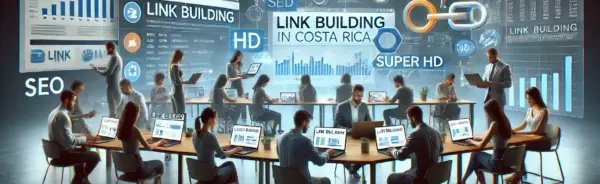 Equipo de marketing digital trabajando en estrategias de construcción de enlaces en Costa Rica, mostrando gráficos de rendimiento y tácticas de SEO en un entorno colaborativo.
