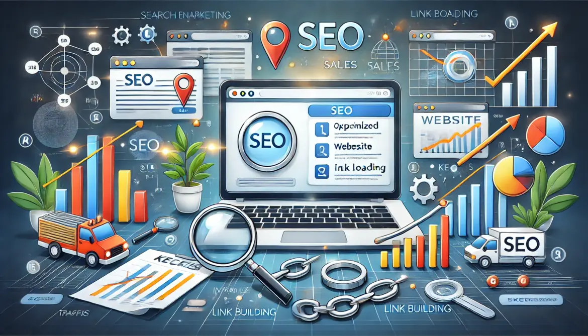 Ilustración detallada que muestra cómo el SEO puede aumentar las ventas empresariales. Incluye una página de resultados de búsqueda con un resultado destacado, gráficos de crecimiento, y elementos de optimización web y link building.