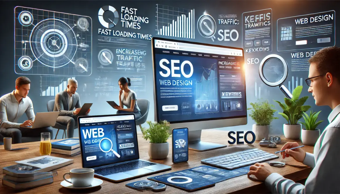 Ilustración detallada mostrando la influencia del diseño web en el SEO, con elementos como tiempos de carga rápidos, aumento del tráfico web, y diseño responsivo para mejorar el posicionamiento en buscadores.