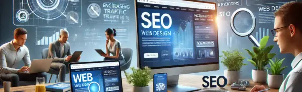 Ilustración detallada mostrando la influencia del diseño web en el SEO, con elementos como tiempos de carga rápidos, aumento del tráfico web, y diseño responsivo para mejorar el posicionamiento en buscadores.