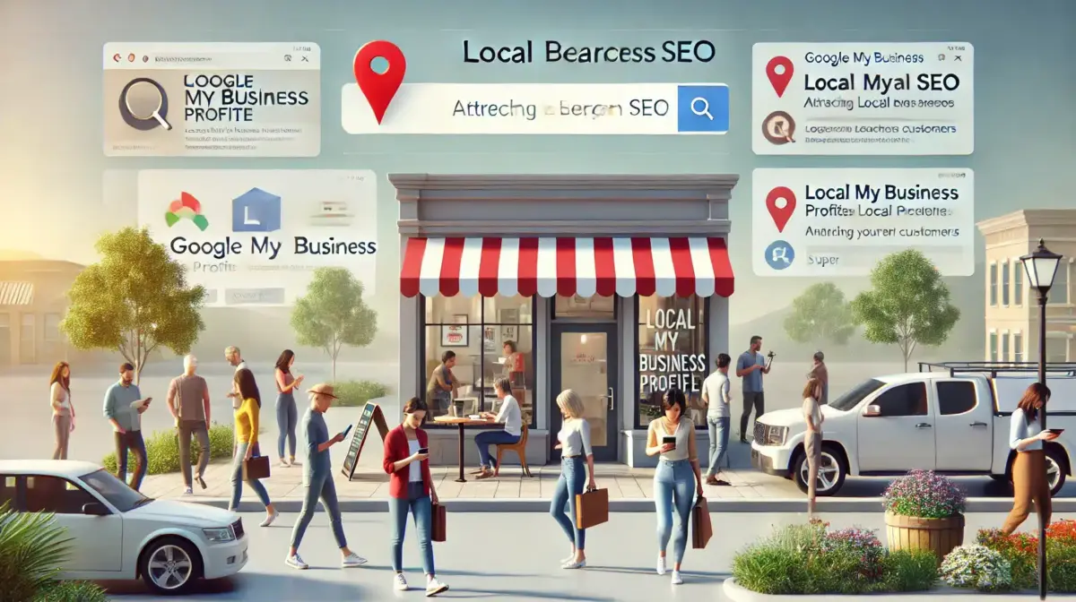 Estrategias de SEO local para atraer clientes en su área. La imagen muestra una calle con negocios locales y diversas interfaces de Google My Business, resaltando la importancia de la optimización local en SEO para mejorar la visibilidad de negocios en buscadores y atraer a más clientes locales.
