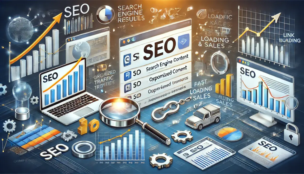 Ilustración detallada que representa la importancia del SEO para las empresas en el marketing digital. Incluye elementos clave como resultados de motores de búsqueda, gráficos de crecimiento, link building y contenido optimizado.