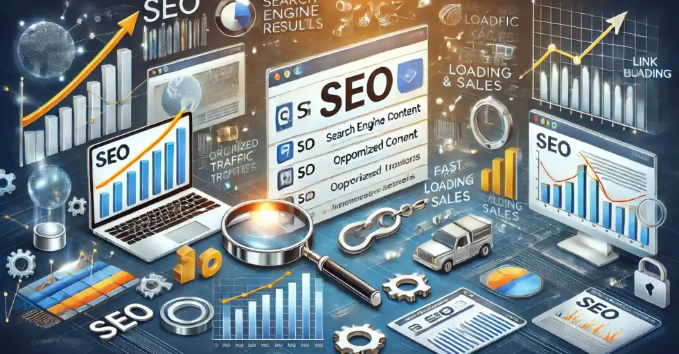 Ilustración detallada que representa la importancia del SEO para las empresas en el marketing digital. Incluye elementos clave como resultados de motores de búsqueda, gráficos de crecimiento, link building y contenido optimizado.
