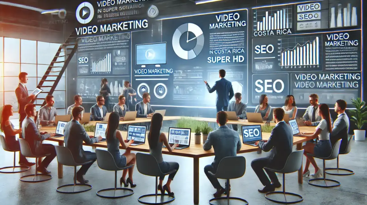 Una imagen de alta calidad que ilustra la importancia del video marketing en las estrategias de SEO para empresas en Costa Rica. La escena muestra una oficina moderna con un equipo de profesionales trabajando en la planificación de contenido audiovisual para mejorar el posicionamiento en motores de búsqueda. Gráficos y datos en las pantallas destacan el impacto del video marketing en el SEO.