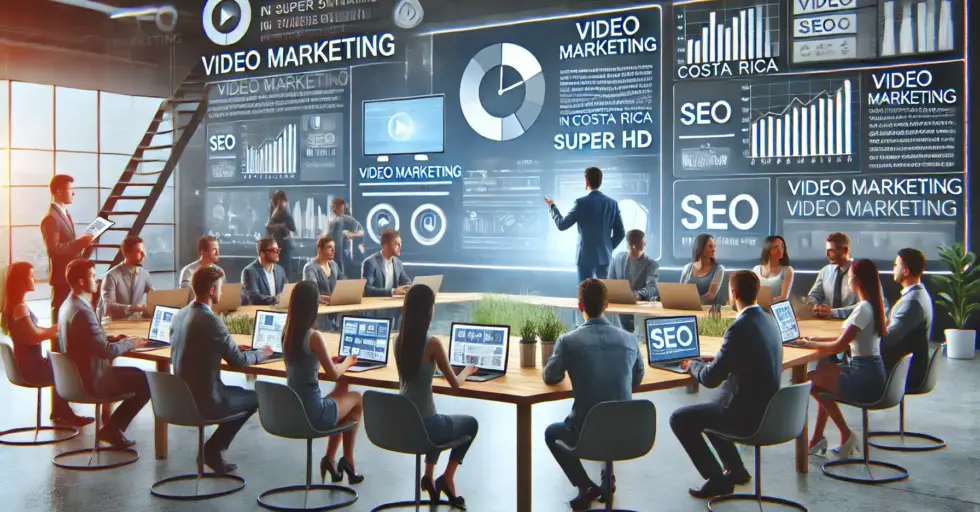 Una imagen de alta calidad que ilustra la importancia del video marketing en las estrategias de SEO para empresas en Costa Rica. La escena muestra una oficina moderna con un equipo de profesionales trabajando en la planificación de contenido audiovisual para mejorar el posicionamiento en motores de búsqueda. Gráficos y datos en las pantallas destacan el impacto del video marketing en el SEO.