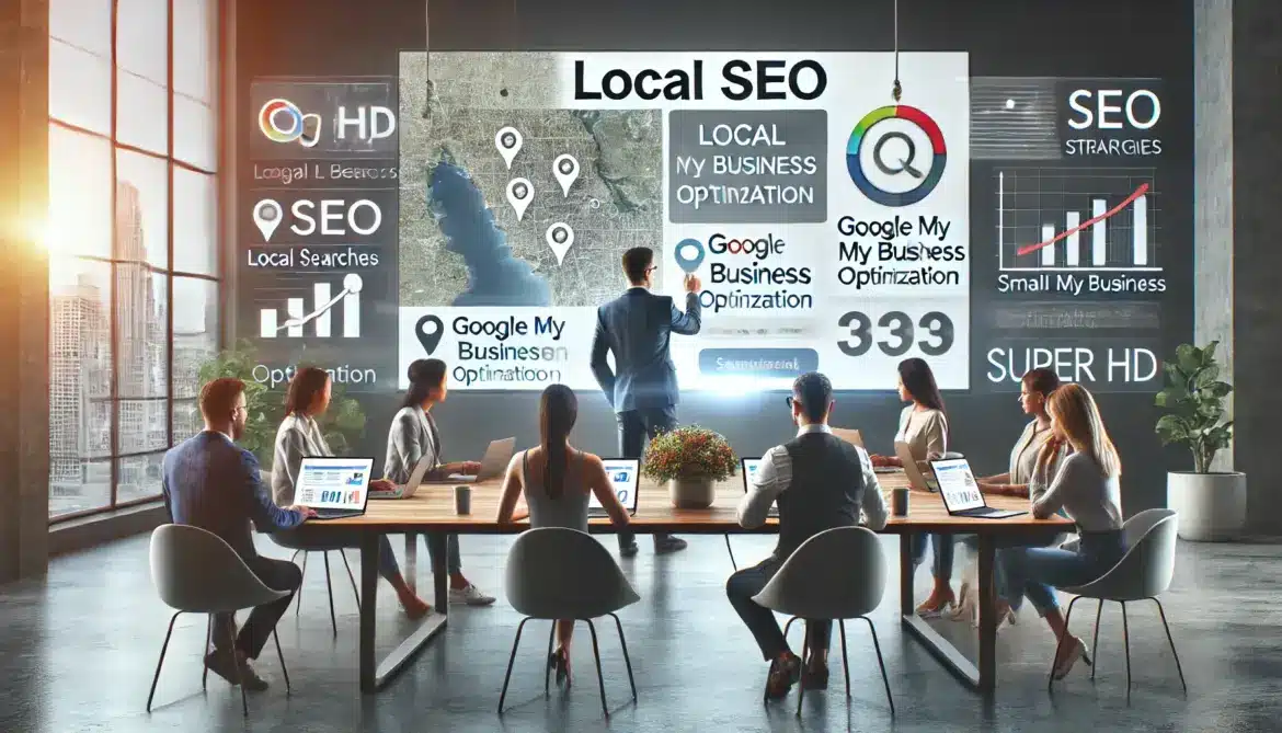 Una imagen realista y de alta calidad que ilustra estrategias de SEO local para pequeñas y medianas empresas (PYMES) para atraer clientes. La escena muestra un equipo de marketing digital en una oficina moderna, analizando y optimizando la presencia en Google My Business y otras búsquedas locales.