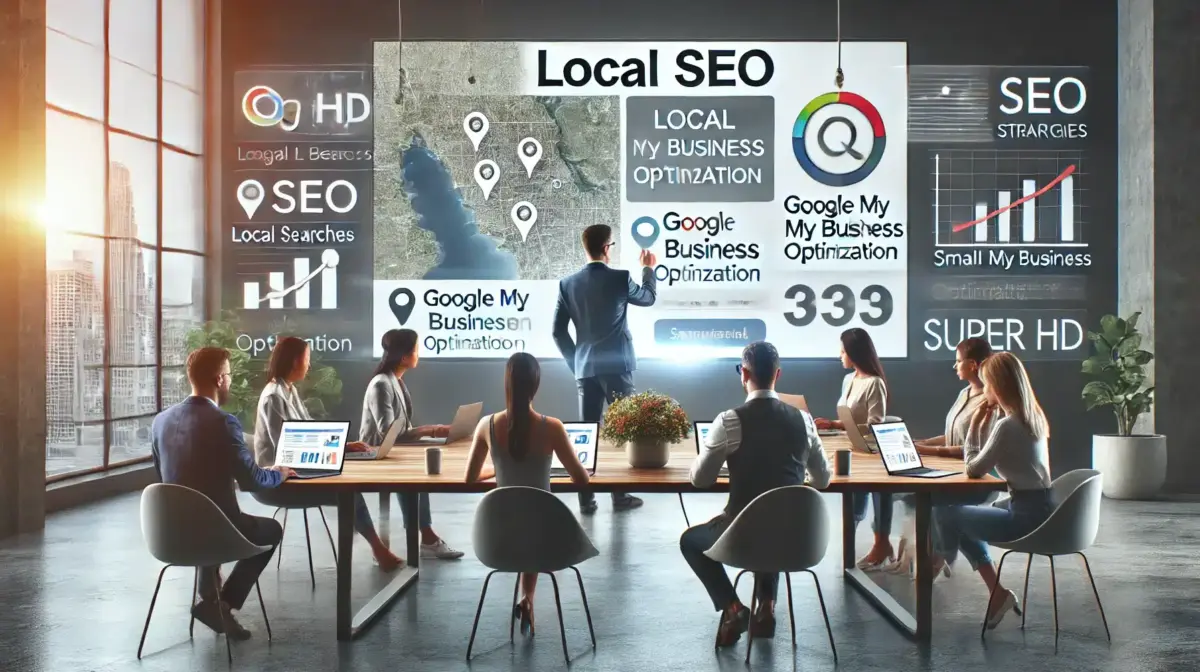 Una imagen realista y de alta calidad que ilustra estrategias de SEO local para pequeñas y medianas empresas (PYMES) para atraer clientes. La escena muestra un equipo de marketing digital en una oficina moderna, analizando y optimizando la presencia en Google My Business y otras búsquedas locales.