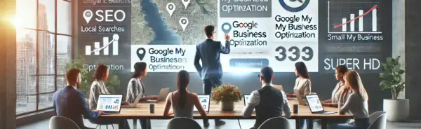 Una imagen realista y de alta calidad que ilustra estrategias de SEO local para pequeñas y medianas empresas (PYMES) para atraer clientes. La escena muestra un equipo de marketing digital en una oficina moderna, analizando y optimizando la presencia en Google My Business y otras búsquedas locales.
