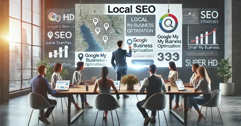 Una imagen realista y de alta calidad que ilustra estrategias de SEO local para pequeñas y medianas empresas (PYMES) para atraer clientes. La escena muestra un equipo de marketing digital en una oficina moderna, analizando y optimizando la presencia en Google My Business y otras búsquedas locales.