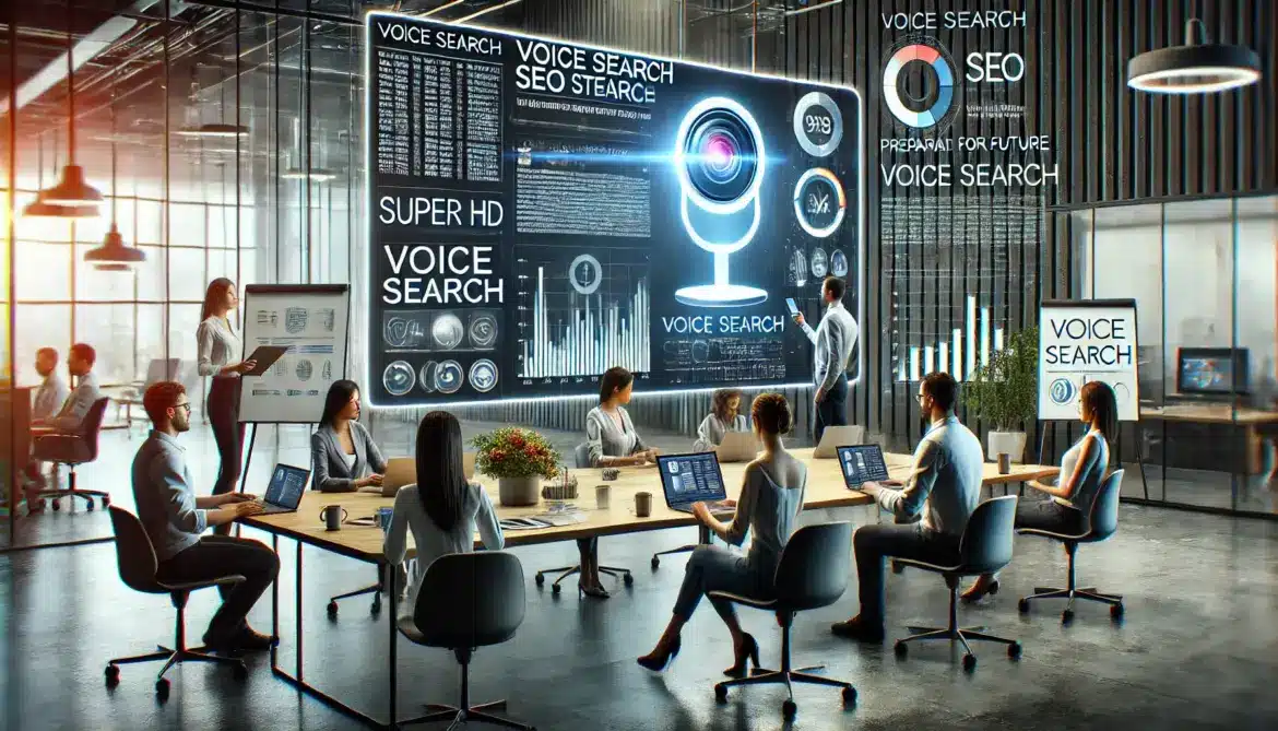 Representación gráfica de una oficina moderna donde un equipo de marketing digital está trabajando en estrategias de SEO para optimizar la búsqueda por voz, mostrando gráficos, estadísticas y la importancia de prepararse para el futuro de las búsquedas por voz.
