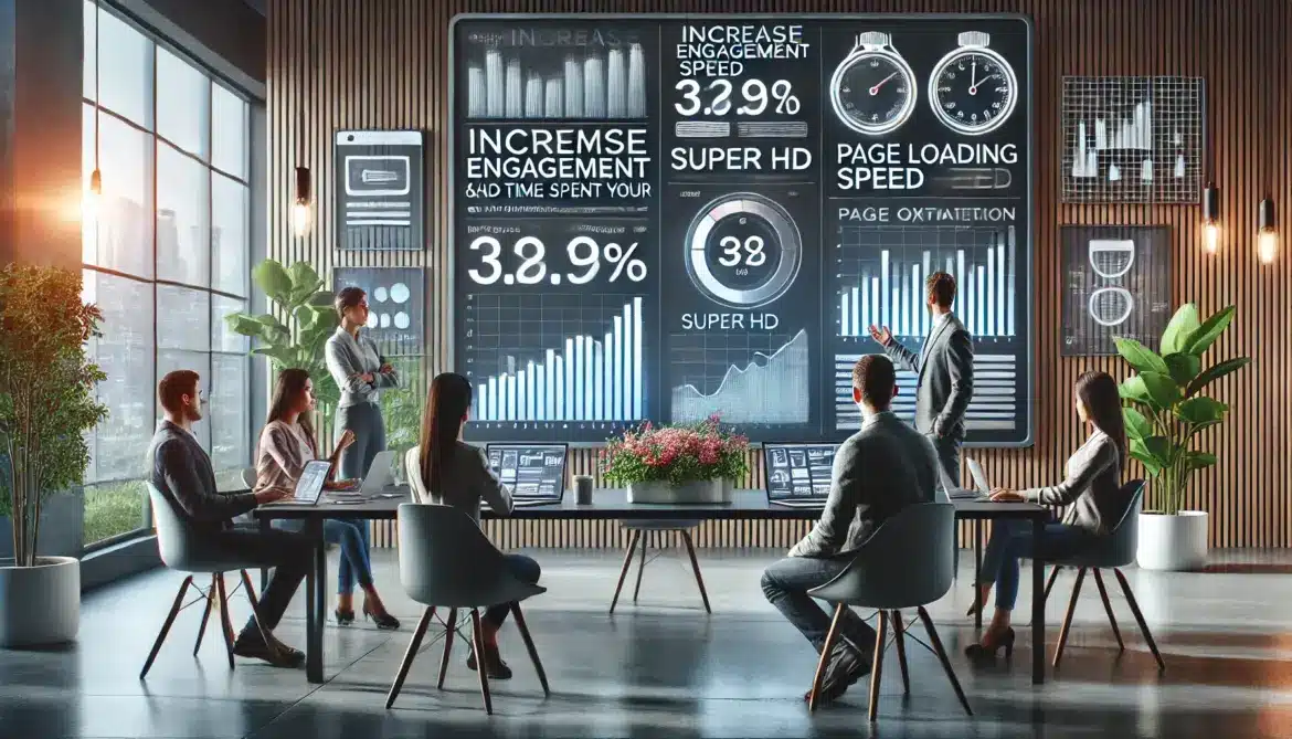 Una imagen realista y de alta calidad que ilustra estrategias para aumentar el engagement y el tiempo de permanencia en un sitio web. La escena muestra una oficina moderna con un equipo de marketing digital analizando gráficos y métricas de rendimiento en grandes pantallas.