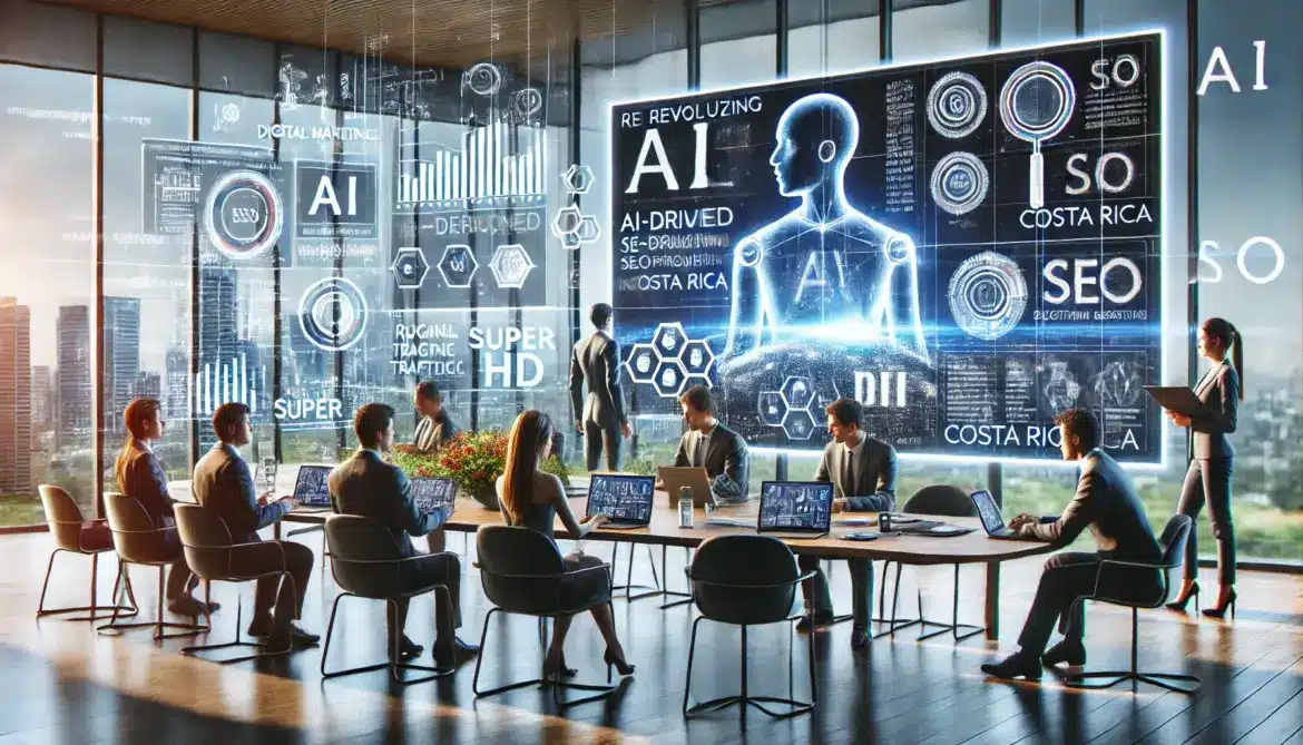 Una imagen realista y de alta calidad que ilustra cómo la IA está revolucionando el SEO en Costa Rica en 2024. La escena incluye una oficina moderna con un equipo de marketing digital trabajando en estrategias de SEO impulsadas por IA, con gráficos y datos proyectados en las paredes que muestran estadísticas y análisis de SEO.