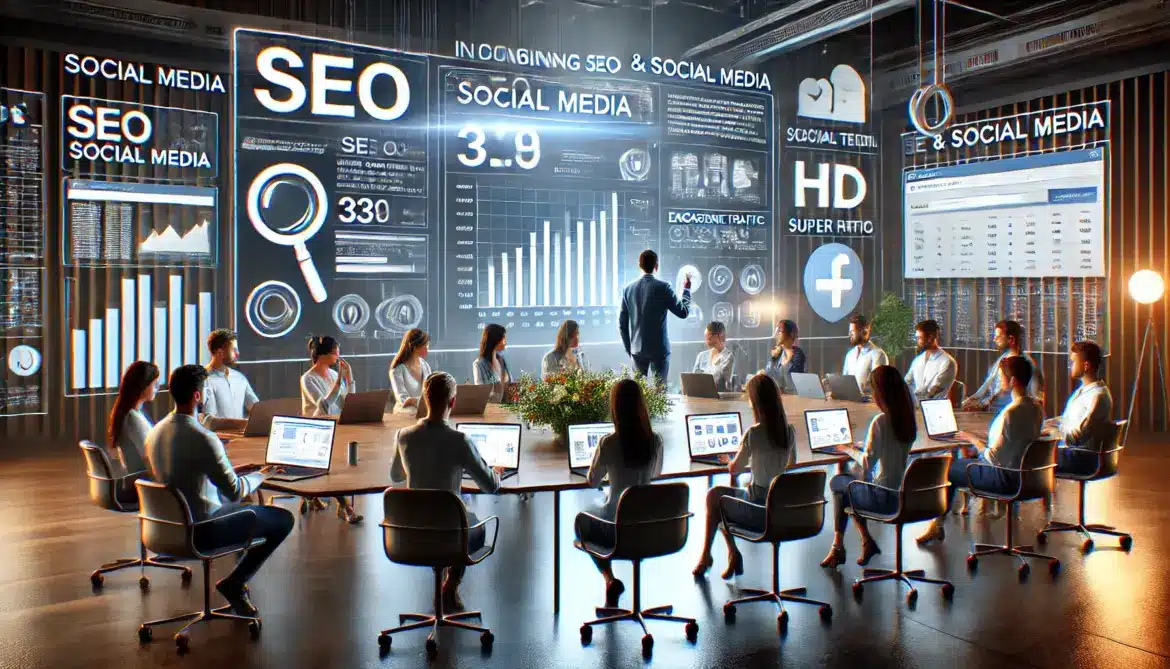Imagen de alta calidad que ilustra la integración de estrategias de SEO y redes sociales. La escena muestra a un equipo de marketing digital en una reunión, analizando gráficos y estadísticas sobre la visibilidad online y el engagement en redes sociales.