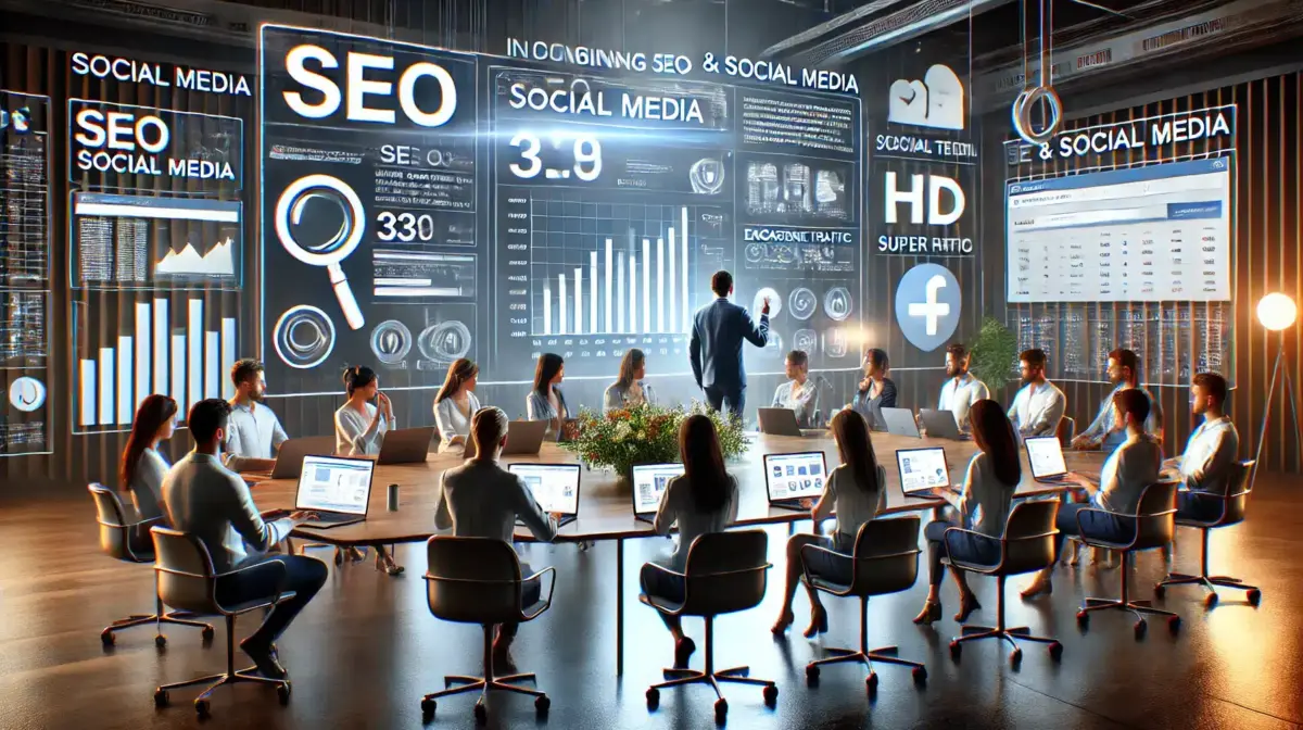 Imagen de alta calidad que ilustra la integración de estrategias de SEO y redes sociales. La escena muestra a un equipo de marketing digital en una reunión, analizando gráficos y estadísticas sobre la visibilidad online y el engagement en redes sociales.