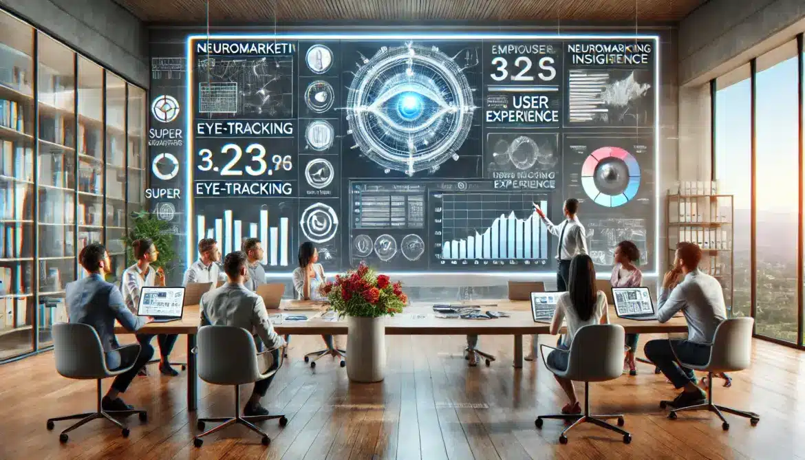 Una imagen realista y de alta calidad que ilustra cómo el neuromarketing mejora la experiencia del usuario en el comercio electrónico. La escena muestra una oficina moderna con un equipo de profesionales analizando datos de eye-tracking y discutiendo estrategias de neuromarketing.