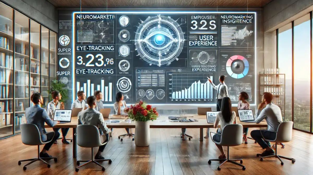 Una imagen realista y de alta calidad que ilustra cómo el neuromarketing mejora la experiencia del usuario en el comercio electrónico. La escena muestra una oficina moderna con un equipo de profesionales analizando datos de eye-tracking y discutiendo estrategias de neuromarketing.