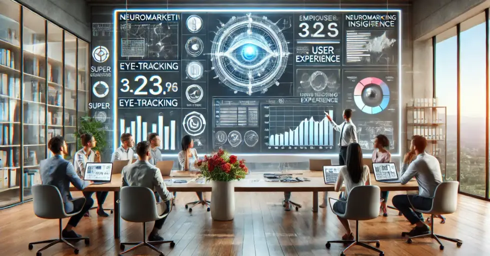 Una imagen realista y de alta calidad que ilustra cómo el neuromarketing mejora la experiencia del usuario en el comercio electrónico. La escena muestra una oficina moderna con un equipo de profesionales analizando datos de eye-tracking y discutiendo estrategias de neuromarketing.