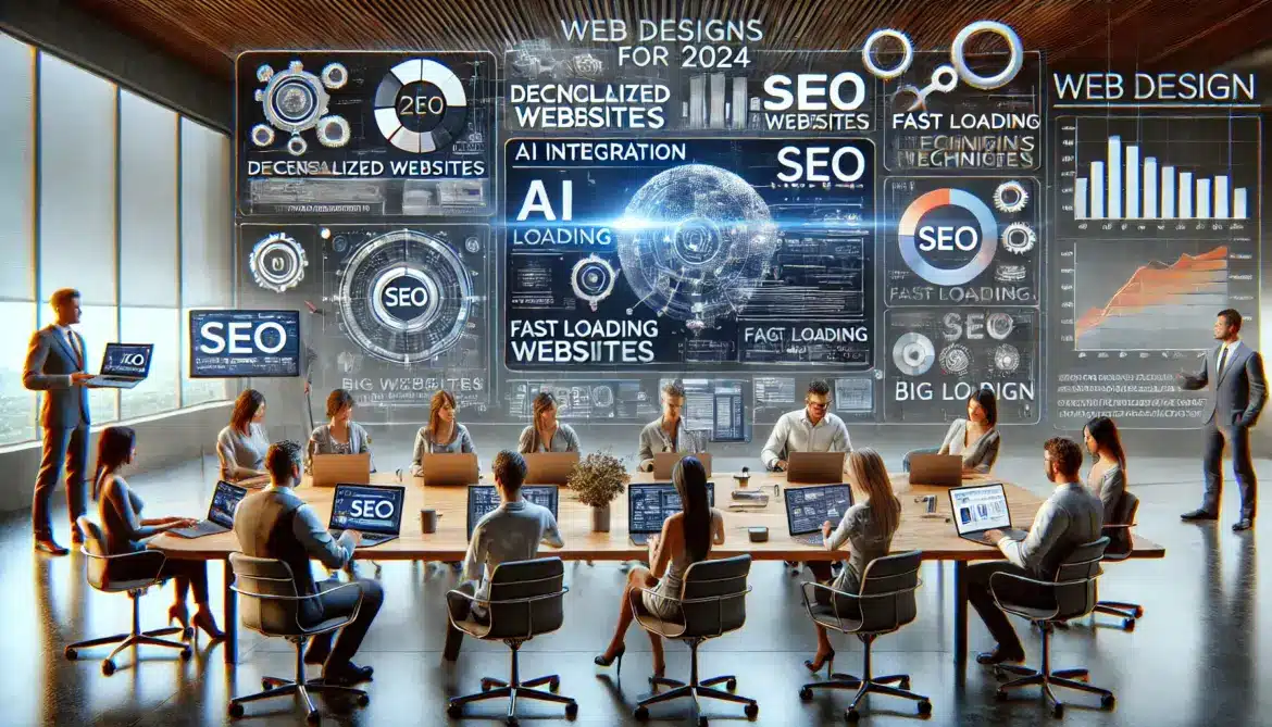 Una imagen realista y de alta calidad que ilustra las tendencias en diseño web para 2024 con un enfoque en mejoras SEO. La escena muestra una oficina moderna con un equipo de marketing digital discutiendo estrategias de diseño web que incluyen sitios web descentralizados, integración de inteligencia artificial, carga rápida de páginas y SEO.