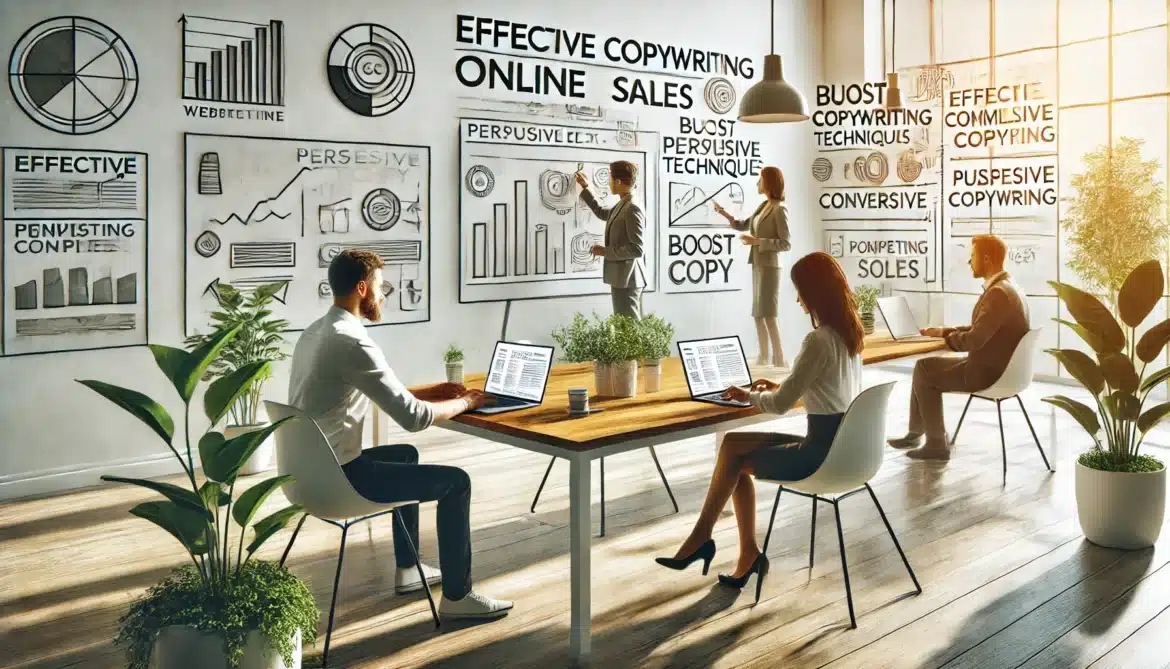 A high-quality, minimalistic image showing professionals working in a bright, modern office environment, focusing on the concept of effective copywriting techniques to boost online sales. The scene features individuals using laptops, with charts and diagrams related to copywriting strategies displayed on the walls, emphasizing the importance of persuasive content in driving conversions and enhancing digital marketing efforts. Técnicas de Copywriting que Aumentan Ventas en Web