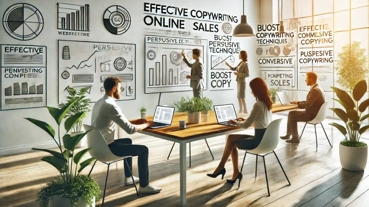 A high-quality, minimalistic image showing professionals working in a bright, modern office environment, focusing on the concept of effective copywriting techniques to boost online sales. The scene features individuals using laptops, with charts and diagrams related to copywriting strategies displayed on the walls, emphasizing the importance of persuasive content in driving conversions and enhancing digital marketing efforts. Técnicas de Copywriting que Aumentan Ventas en Web