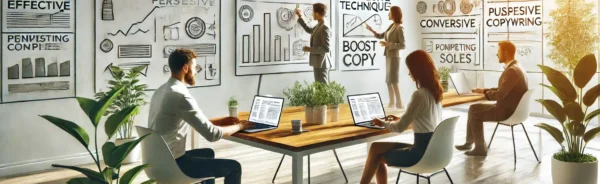 A high-quality, minimalistic image showing professionals working in a bright, modern office environment, focusing on the concept of effective copywriting techniques to boost online sales. The scene features individuals using laptops, with charts and diagrams related to copywriting strategies displayed on the walls, emphasizing the importance of persuasive content in driving conversions and enhancing digital marketing efforts. Técnicas de Copywriting que Aumentan Ventas en Web