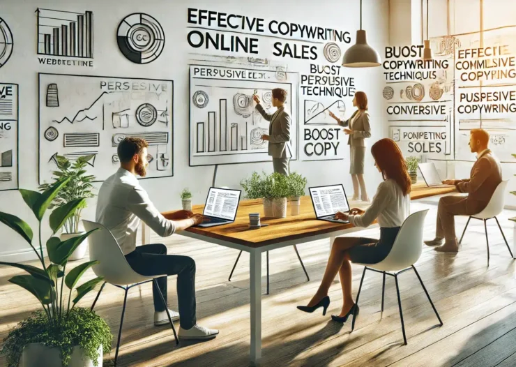 A high-quality, minimalistic image showing professionals working in a bright, modern office environment, focusing on the concept of effective copywriting techniques to boost online sales. The scene features individuals using laptops, with charts and diagrams related to copywriting strategies displayed on the walls, emphasizing the importance of persuasive content in driving conversions and enhancing digital marketing efforts. Técnicas de Copywriting que Aumentan Ventas en Web