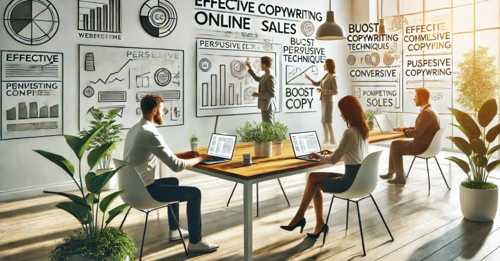 A high-quality, minimalistic image showing professionals working in a bright, modern office environment, focusing on the concept of effective copywriting techniques to boost online sales. The scene features individuals using laptops, with charts and diagrams related to copywriting strategies displayed on the walls, emphasizing the importance of persuasive content in driving conversions and enhancing digital marketing efforts. Técnicas de Copywriting que Aumentan Ventas en Web