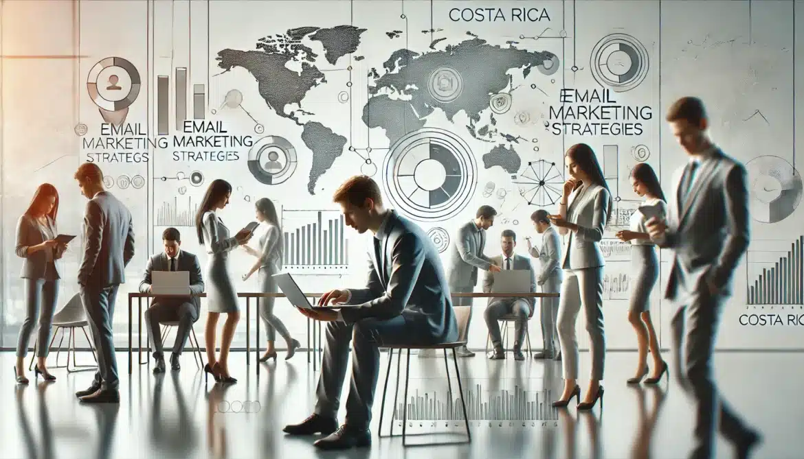 A high-quality, minimalistic, and realistic image depicting the concept of effective email marketing strategies for small businesses in Costa Rica. The image shows professionals collaborating in a modern, clean workspace, with charts, graphs, and maps illustrating email marketing strategies and data analytics.