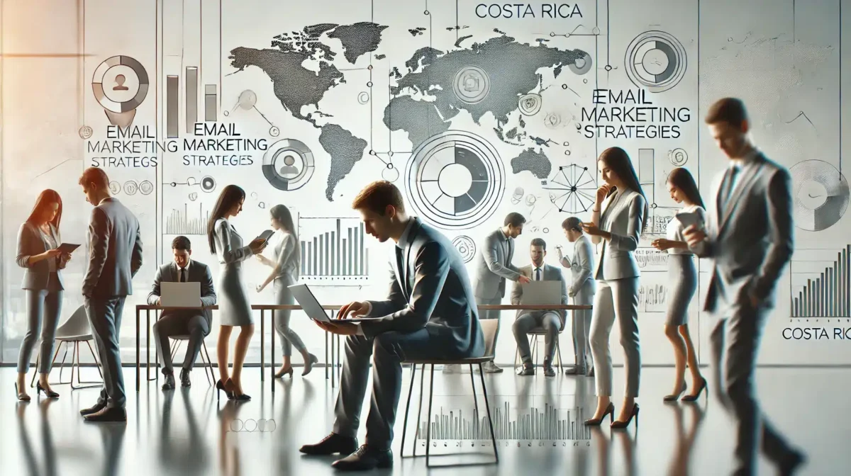 A high-quality, minimalistic, and realistic image depicting the concept of effective email marketing strategies for small businesses in Costa Rica. The image shows professionals collaborating in a modern, clean workspace, with charts, graphs, and maps illustrating email marketing strategies and data analytics.