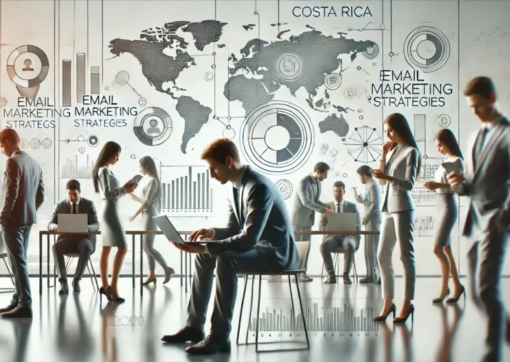 A high-quality, minimalistic, and realistic image depicting the concept of effective email marketing strategies for small businesses in Costa Rica. The image shows professionals collaborating in a modern, clean workspace, with charts, graphs, and maps illustrating email marketing strategies and data analytics.