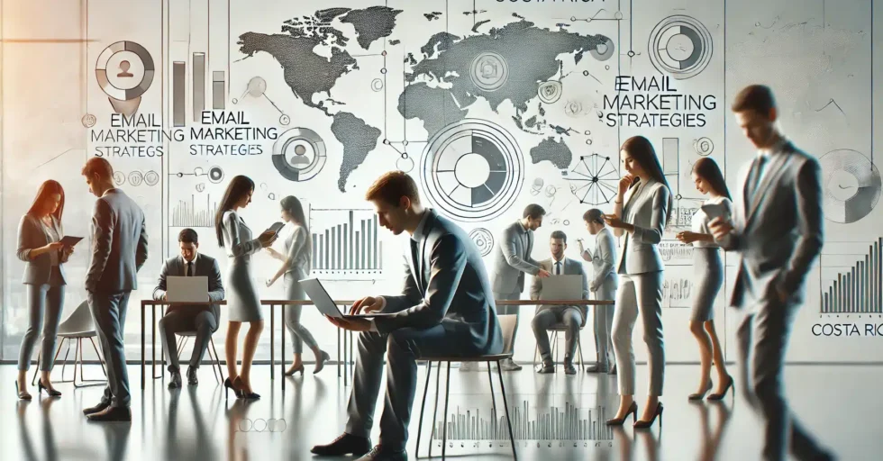 A high-quality, minimalistic, and realistic image depicting the concept of effective email marketing strategies for small businesses in Costa Rica. The image shows professionals collaborating in a modern, clean workspace, with charts, graphs, and maps illustrating email marketing strategies and data analytics.