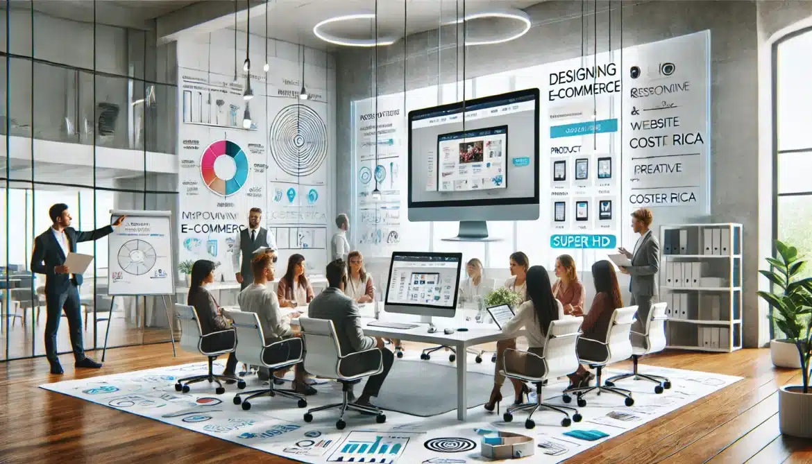 Un equipo de profesionales colaborando en el diseño de un sitio web de e-commerce en una oficina moderna en Costa Rica. La imagen destaca elementos clave como el diseño responsivo, la optimización SEO y la presentación visual atractiva, reflejando las mejores prácticas en el desarrollo de tiendas online para el mercado costarricense.