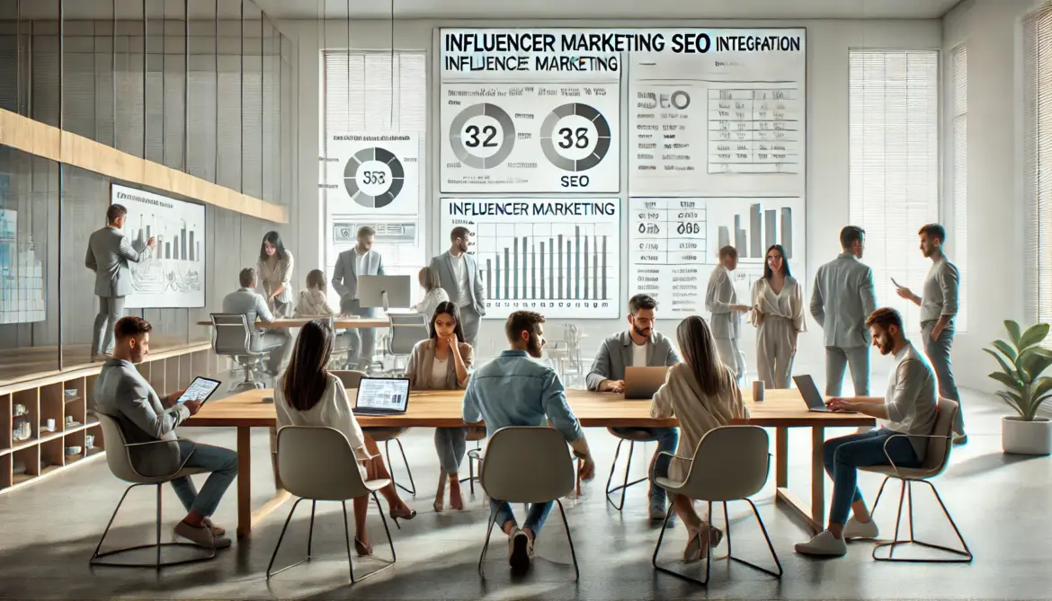 Imagen de alta calidad y realismo que representa el impacto de la integración del marketing de influencers y el SEO. La escena muestra personas trabajando en un ambiente de oficina moderno, analizando gráficos y estadísticas en pantallas, colaborando y utilizando dispositivos tecnológicos.
