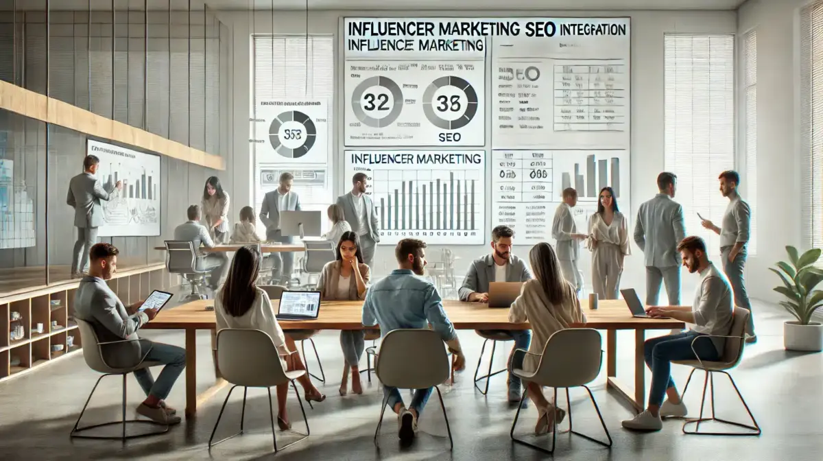 Imagen de alta calidad y realismo que representa el impacto de la integración del marketing de influencers y el SEO. La escena muestra personas trabajando en un ambiente de oficina moderno, analizando gráficos y estadísticas en pantallas, colaborando y utilizando dispositivos tecnológicos.