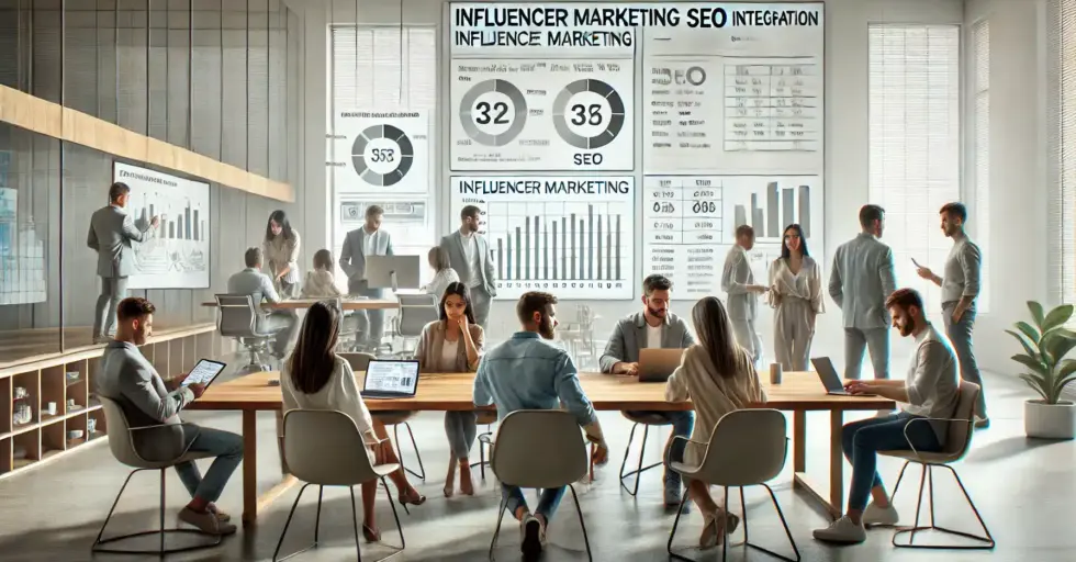 Imagen de alta calidad y realismo que representa el impacto de la integración del marketing de influencers y el SEO. La escena muestra personas trabajando en un ambiente de oficina moderno, analizando gráficos y estadísticas en pantallas, colaborando y utilizando dispositivos tecnológicos.