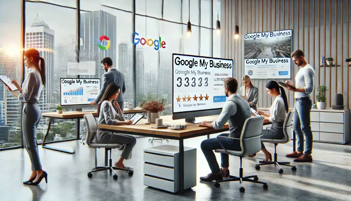 Imagen que muestra un equipo de profesionales optimizando un perfil de Google My Business para un negocio local en Costa Rica. La escena incluye gráficos, reseñas, y configuraciones de Google My Business en un entorno de oficina moderna con vista a la ciudad.