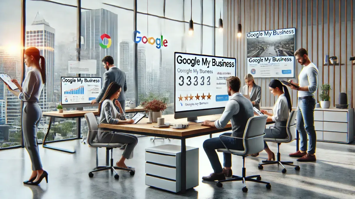 Imagen que muestra un equipo de profesionales optimizando un perfil de Google My Business para un negocio local en Costa Rica. La escena incluye gráficos, reseñas, y configuraciones de Google My Business en un entorno de oficina moderna con vista a la ciudad.