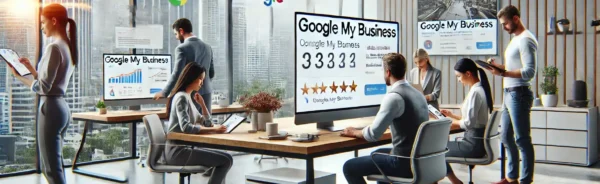 Imagen que muestra un equipo de profesionales optimizando un perfil de Google My Business para un negocio local en Costa Rica. La escena incluye gráficos, reseñas, y configuraciones de Google My Business en un entorno de oficina moderna con vista a la ciudad.