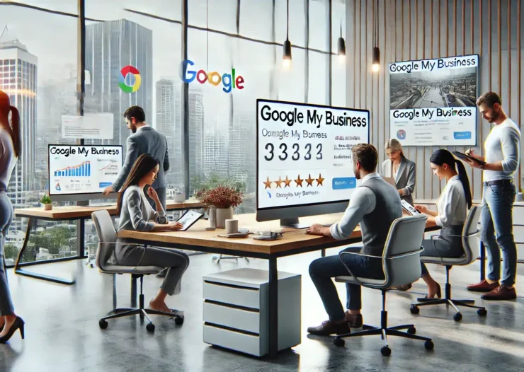 Imagen que muestra un equipo de profesionales optimizando un perfil de Google My Business para un negocio local en Costa Rica. La escena incluye gráficos, reseñas, y configuraciones de Google My Business en un entorno de oficina moderna con vista a la ciudad.