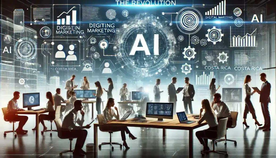 Representación de la revolución de la inteligencia artificial transformando el marketing digital en Costa Rica. La imagen muestra a profesionales trabajando en un entorno moderno con gráficos y datos de AI en las pantallas.