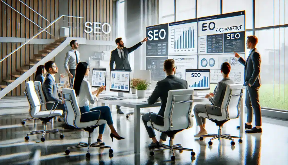 Un entorno moderno y profesional de oficina con un equipo de profesionales de comercio electrónico colaborando. Están trabajando en grandes pantallas de computadora que muestran gráficos y datos relacionados con SEO y comercio electrónico. La imagen refleja la planificación estratégica y el análisis de datos para mejorar la visibilidad en línea y el éxito de las tiendas online en Costa Rica.