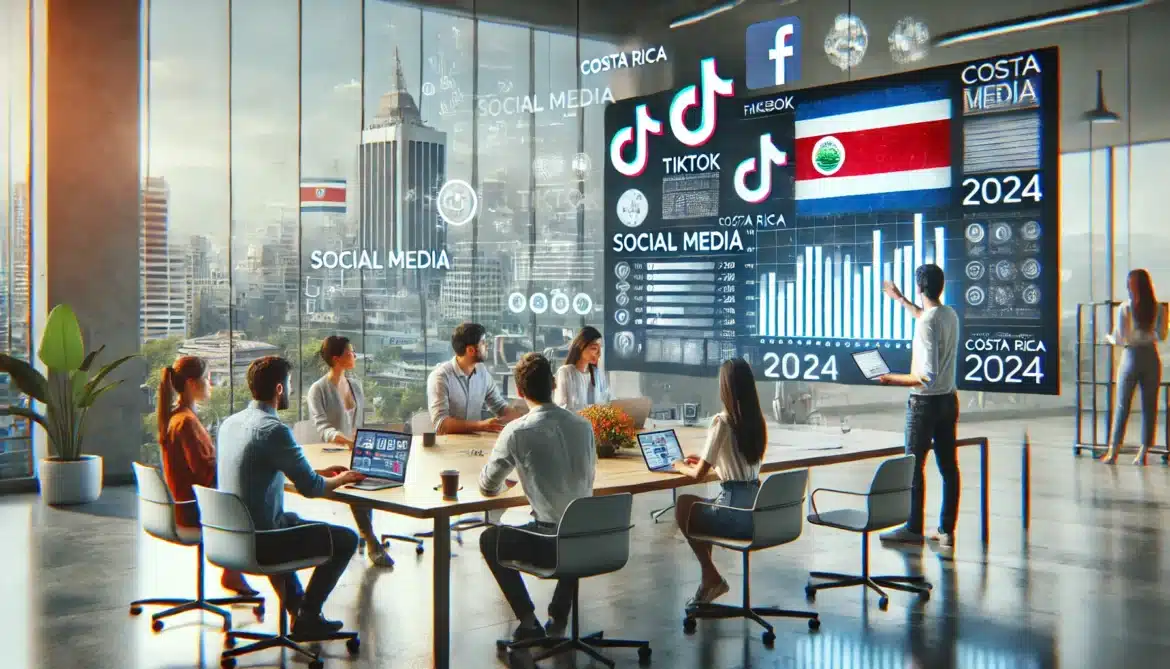 Imagen de alta calidad y realismo que muestra a un grupo de profesionales en un espacio de trabajo moderno discutiendo las tendencias de redes sociales en Costa Rica para 2024. En el fondo, grandes pantallas digitales presentan iconos de plataformas de redes sociales como TikTok y Facebook, junto con gráficos de datos que resaltan métricas y tendencias clave para el próximo año. La escena refleja el enfoque en estrategias de marketing digital y el creciente papel de las redes sociales en las operaciones comerciales en Costa Rica.