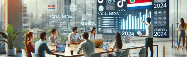 Imagen de alta calidad y realismo que muestra a un grupo de profesionales en un espacio de trabajo moderno discutiendo las tendencias de redes sociales en Costa Rica para 2024. En el fondo, grandes pantallas digitales presentan iconos de plataformas de redes sociales como TikTok y Facebook, junto con gráficos de datos que resaltan métricas y tendencias clave para el próximo año. La escena refleja el enfoque en estrategias de marketing digital y el creciente papel de las redes sociales en las operaciones comerciales en Costa Rica.