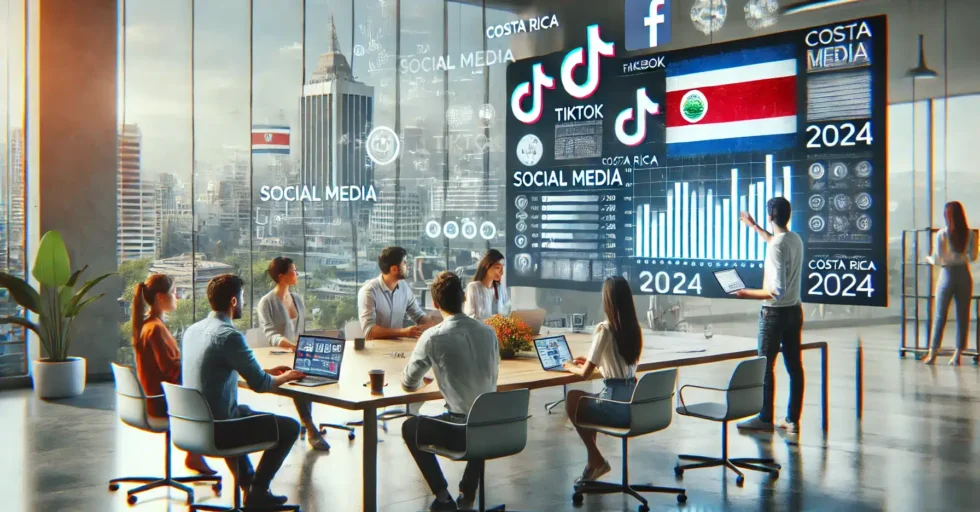 Imagen de alta calidad y realismo que muestra a un grupo de profesionales en un espacio de trabajo moderno discutiendo las tendencias de redes sociales en Costa Rica para 2024. En el fondo, grandes pantallas digitales presentan iconos de plataformas de redes sociales como TikTok y Facebook, junto con gráficos de datos que resaltan métricas y tendencias clave para el próximo año. La escena refleja el enfoque en estrategias de marketing digital y el creciente papel de las redes sociales en las operaciones comerciales en Costa Rica.